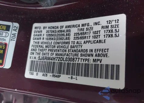 2013 Honda Cr-V Ex-L from USA, damaged, VIN 5J6RM4H72DL030877